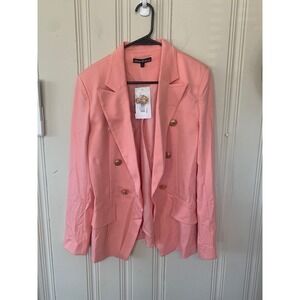 Attitude Unknown Womens Coral Pink Double Breasted Blazer Gold Crest Buttons S